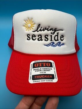 Living Seaside Embroidered Trucker Hat Otto Cap Vacation Beach Resortwear
